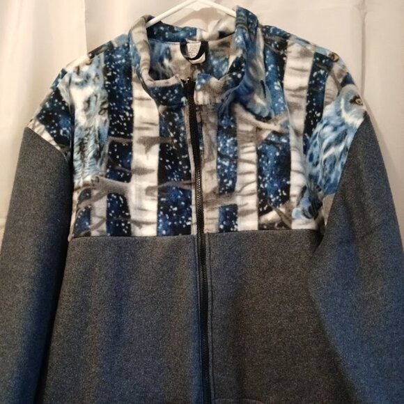 New Fleece Mock neck Sweatshirt XXL Blue Gray Owls contrast Full zip 2 pockets - Picture 2 of 11